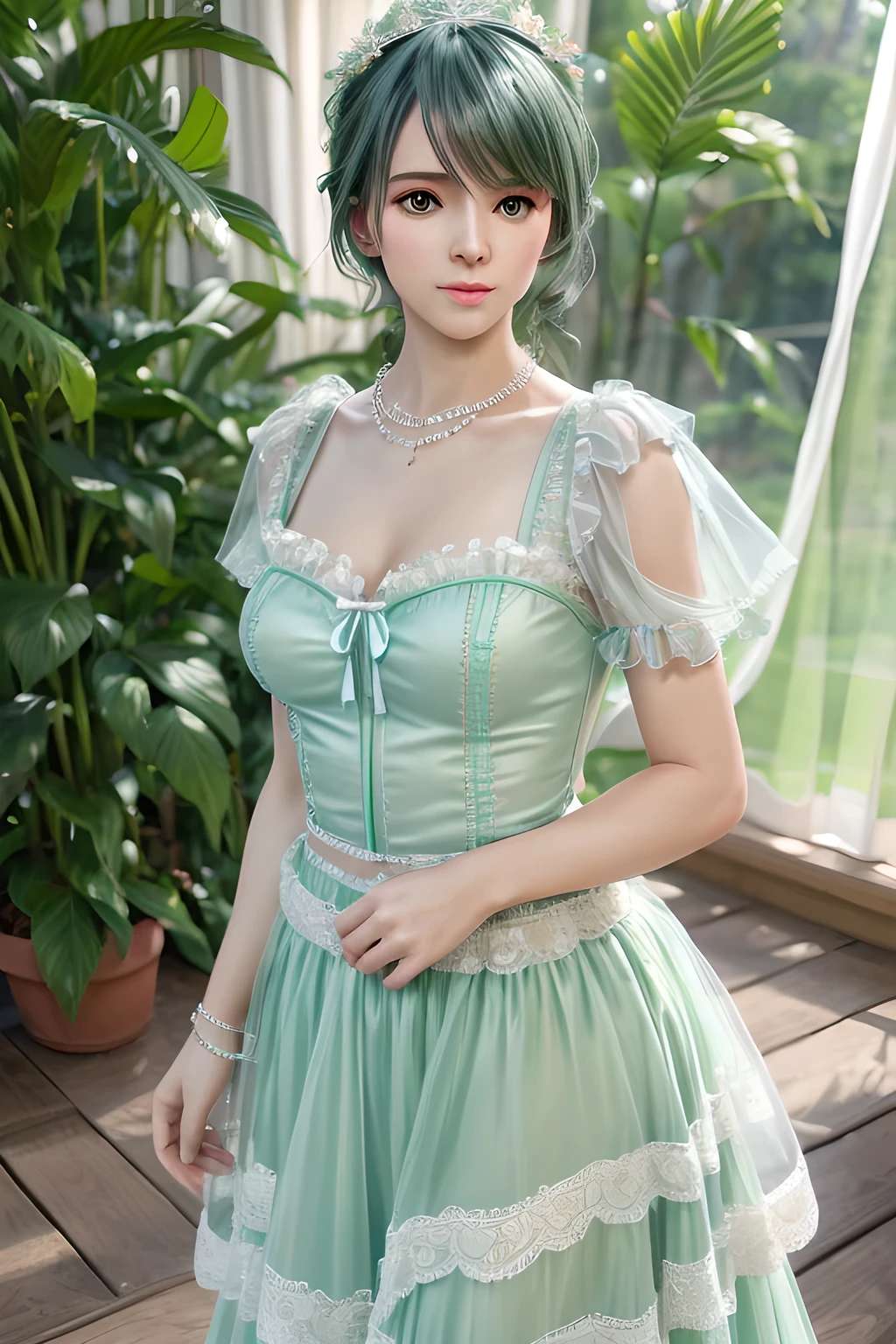 1girl,They wear a light green dress with sheer puff sleeves and a fitted bodice, tied with a light blue bow at the waist. The outfit exudes a feminine and sophisticated beauty, with a pearl necklace around her neck and flower accessories in her hair. The soft natural light creates a serene and elegant atmosphere, enhancing the overall composition. The background features floral elements and sheer curtains, adding an ethereal and springtime feel to the scene., (best quality,8k,highres,masterpiece:1.2),ultra-detailed,(realistic,photorealistic,photo-realistic:1.37),studio lighting,ultra-fine painting,sharp focus,physically-based rendering,extreme detail description,professional,vivid colors