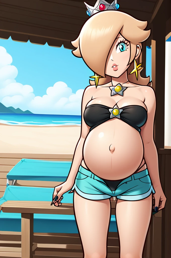 score_9, score_8_up, 1girl, solo, rosalina, style parody, thick outlines, black bikini, shorts, pregnant belly, sleeveless, strapless, cleavage, indoors, beach, black nails, complete body, perfect
