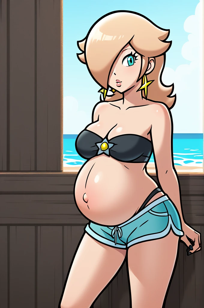 score_9, score_8_up, 1girl, solo, rosalina, style parody, thick outlines, black bikini, shorts, pregnant belly, sleeveless, strapless, cleavage, indoors, beach, black nails, complete body, perfect