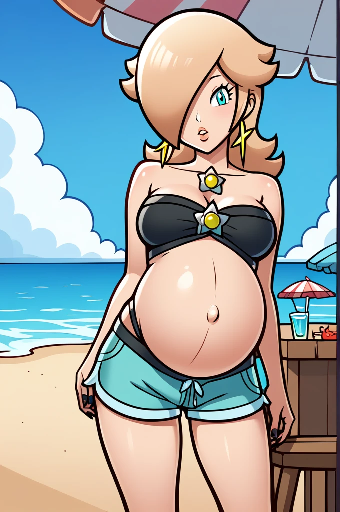 score_9, score_8_up, 1girl, solo, rosalina, style parody, thick outlines, black bikini, shorts, pregnant belly, sleeveless, strapless, cleavage, indoors, beach, black nails, complete body, perfect