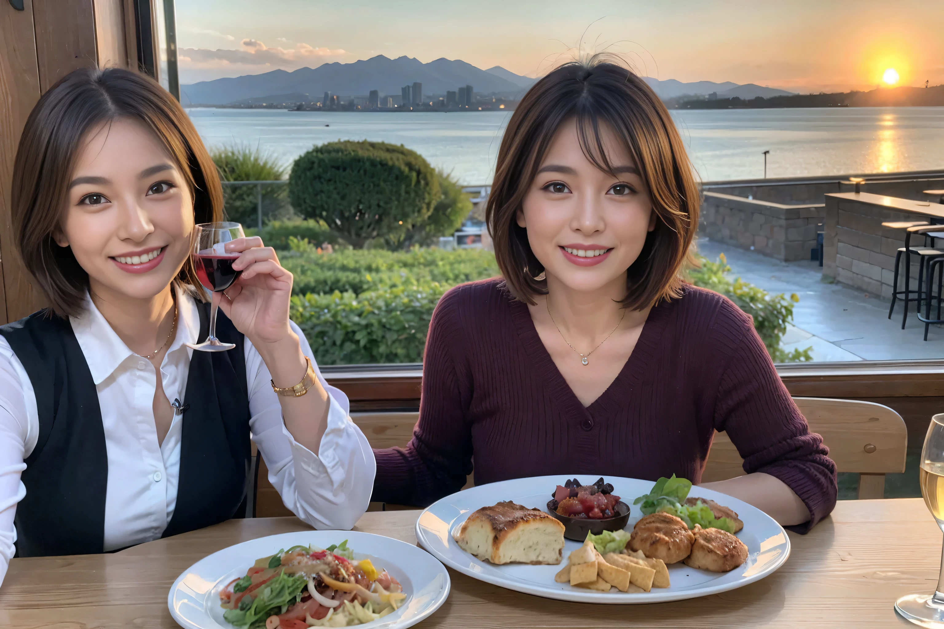 (Realistic:1.1),(masterpiece,Highest quality),8k,(49 years old), 50 years old, slimカップル、Tight waist,Upper Body,full-course dinner、wine 、Amazing view of the sunset sky and clouds、Perfect Anatomy, Brown Hair, short hair,Random Hairstyles,((Highly detailed face and eyes:1.2)),Perfect golden ratio face,Long sleeve shirt、dress,(smile:1.2)、Shortcuts、cute、(Realistic, Intricate details:1.2), A bright smile、short hair,Bright Face、赤wine 、Appetizers、Italian food、wine bottle、Champagne、スパークリングwine、(slimな顔), (The body is slim), (Brown Hair), (Shortcuts), Upper Body, 白wine, slim, wineグラス,
