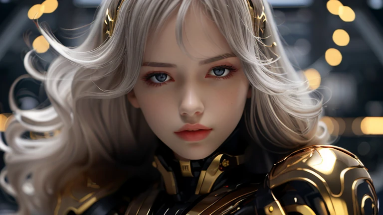 (dramatic, Grainy, intense:1.4),masterpiece, Highest quality, 8k, Insane Details, Intricate details, Super detailedな, super high quality, Attention to detail, Super detailed, masterpiece,Gray Hair(whole body:1.1), (Milky skin, Glowing Skin:1.4)
Photo of an anime girl in golden armor, In ultra-realistic sci-fi style, Light silver and light black, Animated GIFs, Dark Black, Delicate structure, Glossy finish, machine-like precision, big tits, Camel Toe,big ,Perfect body、1 female
