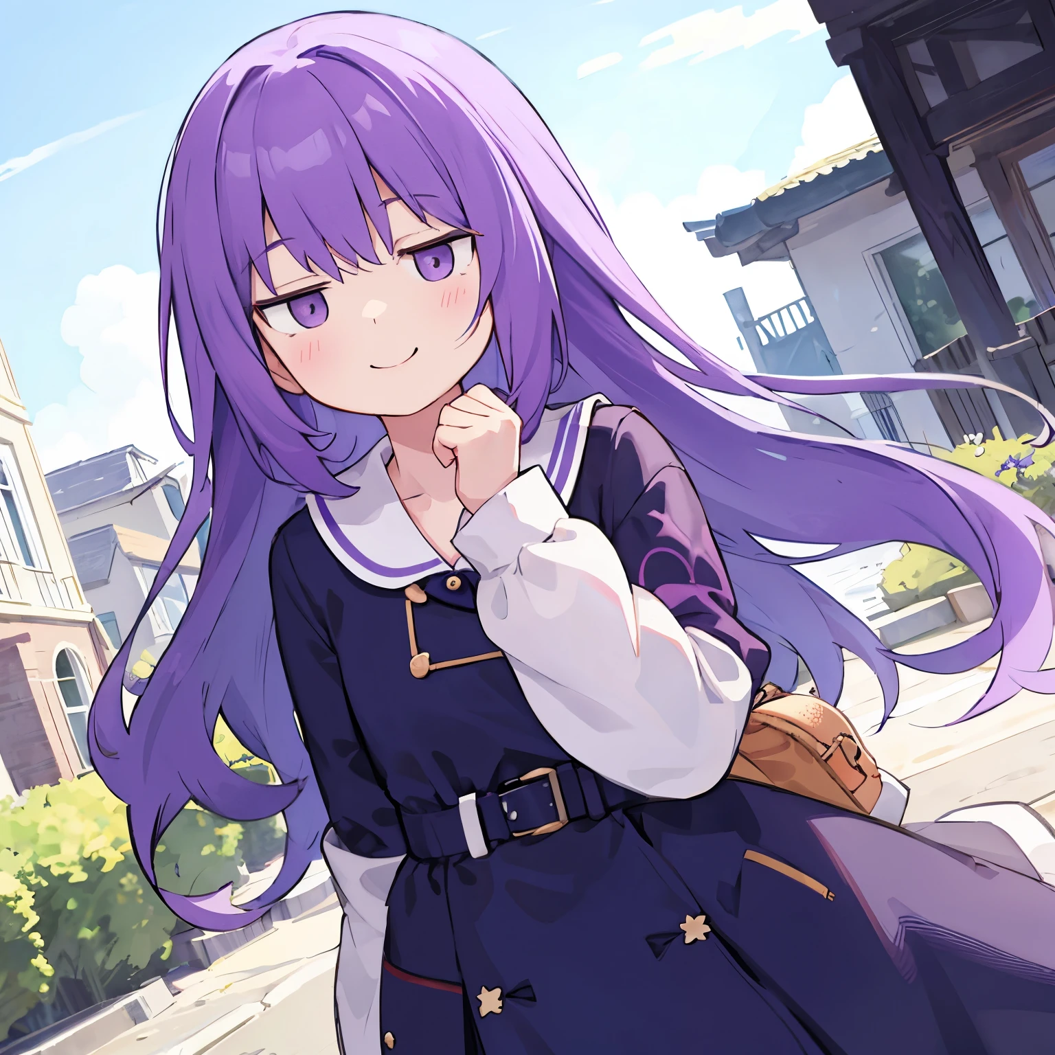 1 Girl,, Smile, Shut up, Dynamic Angle, permanent, , Purple Hair, outdoor