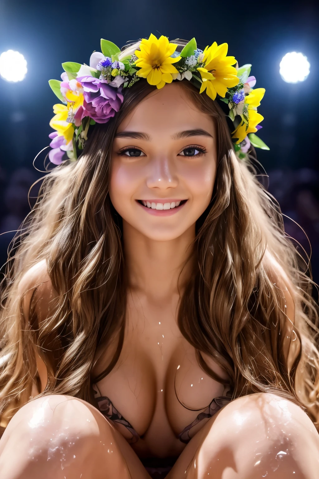 (best quality:1), (high quality:1), detailed/(extreme, high, extremist/), actual, studio lighting, bright colors, 1 girl/(beautiful, Beautifully, perfect/), Face, normal breast/(split/), depth of field, looking at the audience, Smile, flower crown, wet skin, cluster, view to thigh