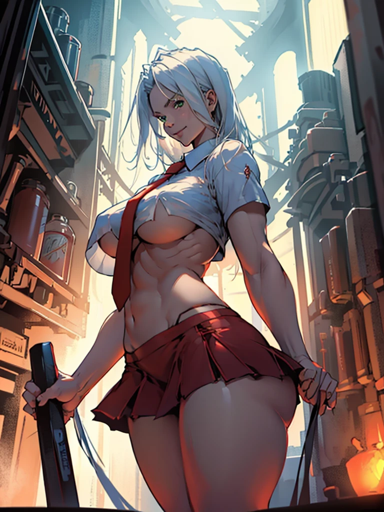 1 woman, 30 years old, wearing a classic , red tie, white semi-transparent shirt, black bra, extremely short red miniskirt, thick thighs, big green eyes, long and defined eyelashes, radiant smile, red cheeks, bluish-white hair with silver reflections, creamy white skin, mature body, thick thighs, wide hips, extremely large breasts, highly detailed, intricate details, extremely sharp, HDR, studio lighting, dramatic lighting, photorealistic, Joe madureira style