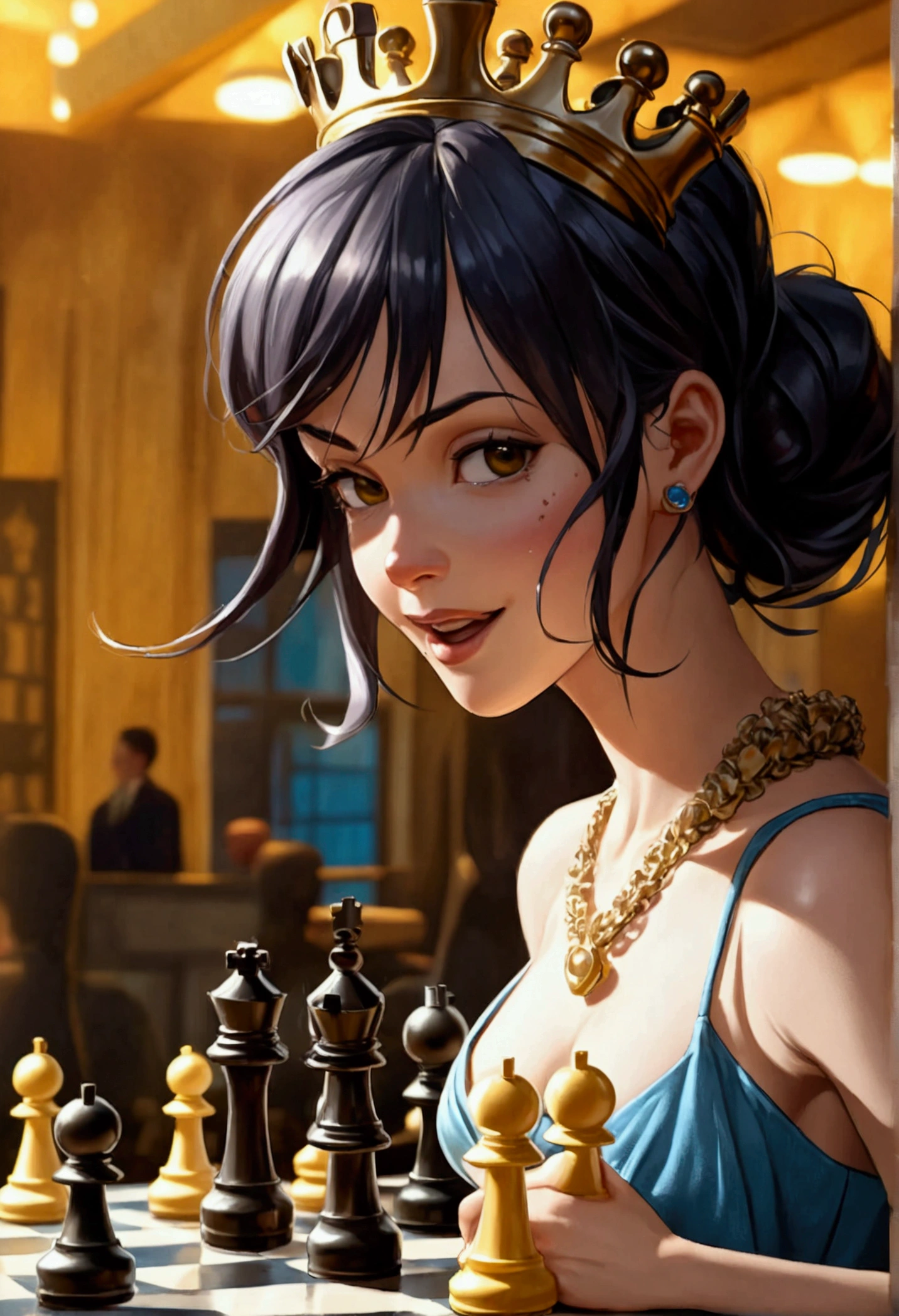 a picture of a woman proud, happy, overjoyed, victorious after winning chess game, a beautiful woman ((full body shot: 1.5)), ((anatomically correct: 1.5)) (ultra detailed face: 1.4), dynamic skin complexion, dynamic hair style, dynamic hair color, ((winning a chess game: 1.5)), at chess tournament, she is dressed in elegant dress, intricate dress, dynamic color dress, dynamic style dress, wearing high heels, a ((look of satisfaction: 1.3)), a look of ((victory: 1.3)), a look of overcoming great obstacle, chess tournament background,  vibrant, Ultra-high resolution, High Contrast, (masterpiece:1.5), highest quality, Best aesthetics), best details, best quality, highres, 16k, [ultra detailed], masterpiece, best quality, (extremely detailed), Cinematic Hollywood Film style