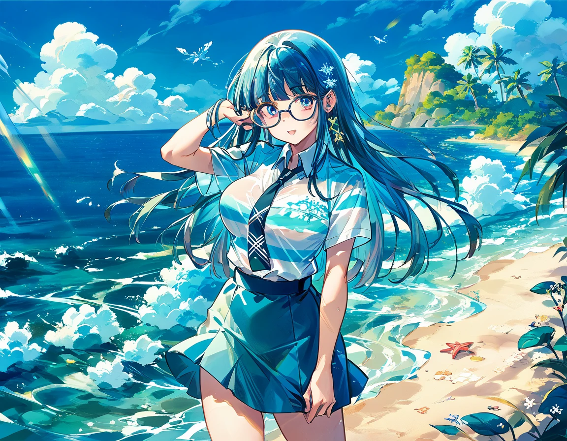  sticking to shirt、Her breasts are visible through her blue and white striped shirt、Blue flared skirt、She lifts her skirt to reveal her cute white lace underwear、Long haired girl wearing glasses、whole body、Sandy beach and blue sky