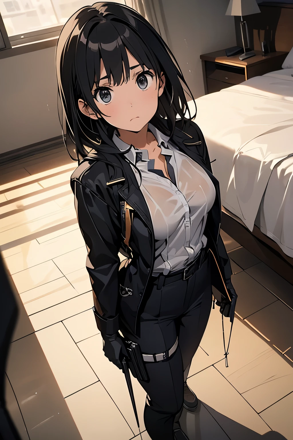 1 female, , high quality, masterpiece, Ultra-high resolution, , Cinema Lighting, , , And the suspenders with the cranes flying　　　Large Breasts　 　 　　　　Small face　 　　　holster　　　　　　　 Lying in bed　Looking up　　　　Sweat 　　　belt　summer　脇Sweat 　Black Hole Gloves　suit　shirt　　Black jacket　 Black trousers　Leg Links　ズボンにbelt　　holster　 　　Hands behind your back　 Anxious expression　Looking up　Anxious face, legs apart　Armament　Handgun　handcuffs　Cable ties　レッグholster　holster　See-through clothing　heavy rain　Getting wet in the rain