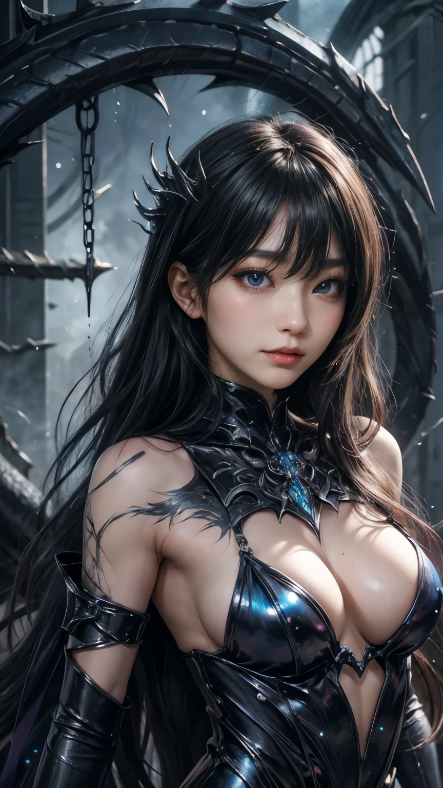 強力なスーパーevil女がクローズアップでポーズをとる, Black Goddess (Expose your shoulders), length, Flowing purple hair, View your viewers, Highly detailed face, Perfect hands, Blue smoke swirling around her, evil事を愛する, Captivating blue eyes, Dark fantasy, Genuine, Symmetric, Attention to detail, Esoteric arachnids lady, Spider Queen Elise, League of Legends, Esoteric arachnids, Combat Stance, ( body formed from metallic mauveine and metallic black liquid metallic paint twisting into a beautiful interpretation of the female figure), length, Sharp Fangs, nature, ((Complex metallic colors in the foreground)), (( Fluid Mechanics, The most beautiful smooth scale face makeup, Smirking expression)) - Dark blood, Onyxia、Noir painting of a beautiful young witch, length purple hair, dark purple lips, evil, evil female, smile, Black Prom Dress, She is coming to you, close, Bright Blue Eyes, Surrounded by swirling pink smoke, Genuine, Attention to detail, Highest quality、A beastly demon wields a vicious blade, Blood Chain, Behemoth Bones, Snake-like tentacles, Cruel Teeth, Expressions of madness, Oppressive Dungeon. 8K Vision Reveals Fear, Ultra HD detail makes monsters stand out, Grotesque shadows dance, The creature whispers, Stifling atmosphere, Vision problems, Visible Madness. blade, evil意の閃光が輝く, reflect (Light) Beyond the Darkness, Elucidate (Sharp details) and、Add a dizzying dimension to the impending chaos.