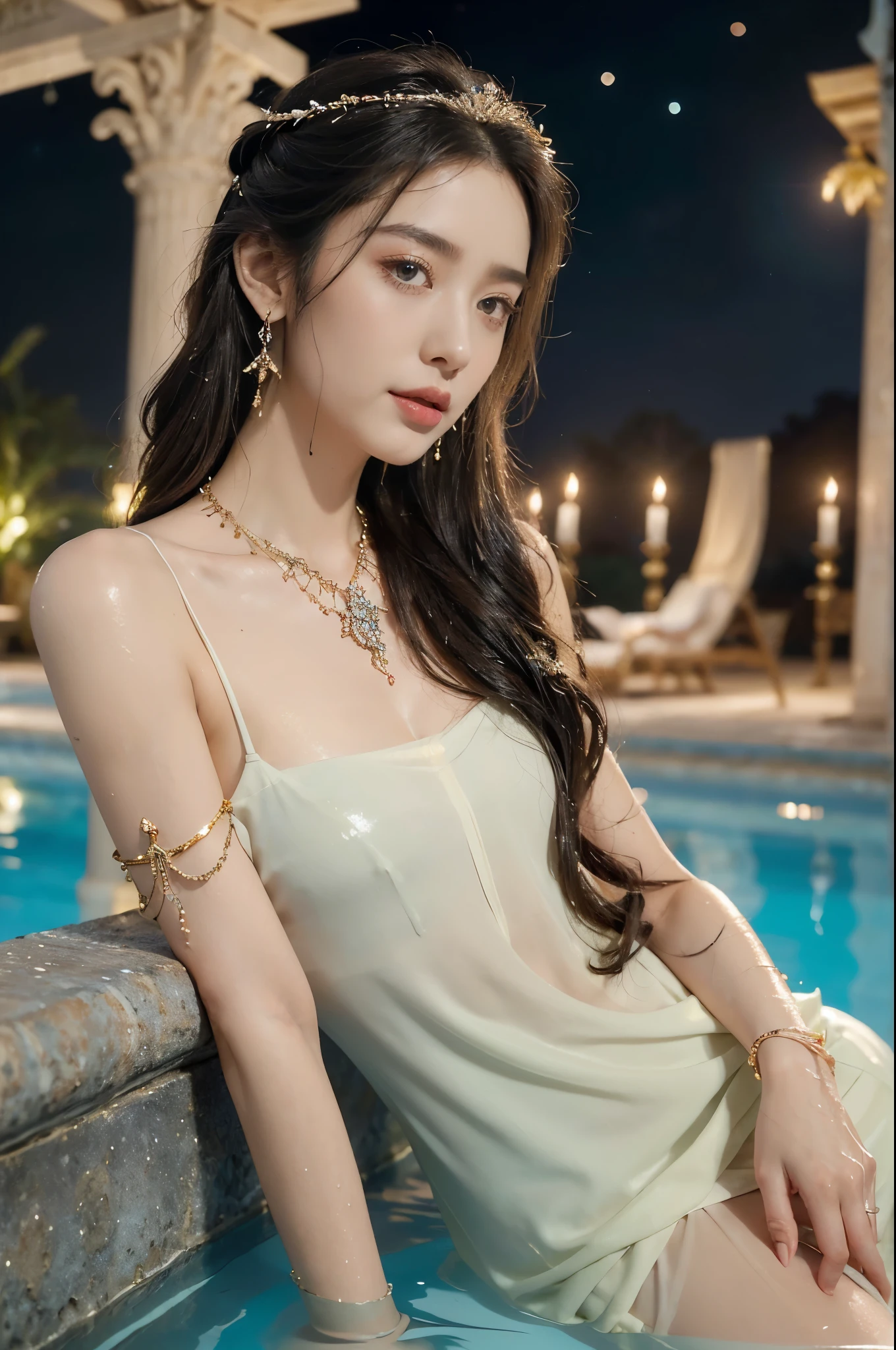 (((best quality))),(((ultra detailed))),(((masterpiece))),illustration,((1 beautiful girl,ancient greek princess,solo)),((earrings,crystal necklace)),(((sweat,wet,shiny skin))),((slim,thin)),((small breasts,flat chest)),(Gorgeous sheer dress:1.3),(slender legs:1.2),(((luxurious pool,grand temple,starry night sky))),summer,radiant complexion,(shoulder length straight hair:1.2),graceful,intricate patterns,embellishments,shimmering fabric,rainbow colors,gentle waves,fragrant oils,lush plants,elegant columns,serene ambiance,(surrounded by crowded crowds of attendants:1.3),ritual of cleansing,opulence,tranquility,solitude,busy life,timeless,enchanting image,essence of ancient greece,((from front,upper body))