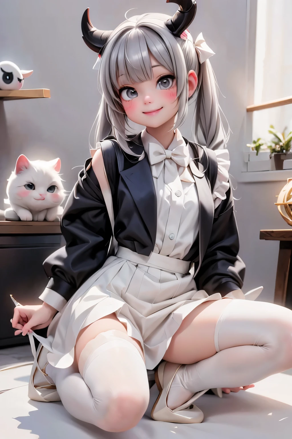 a cute horned girl smiling, hairbow, white nylons, white round_toe pumps, (((sfw)))
