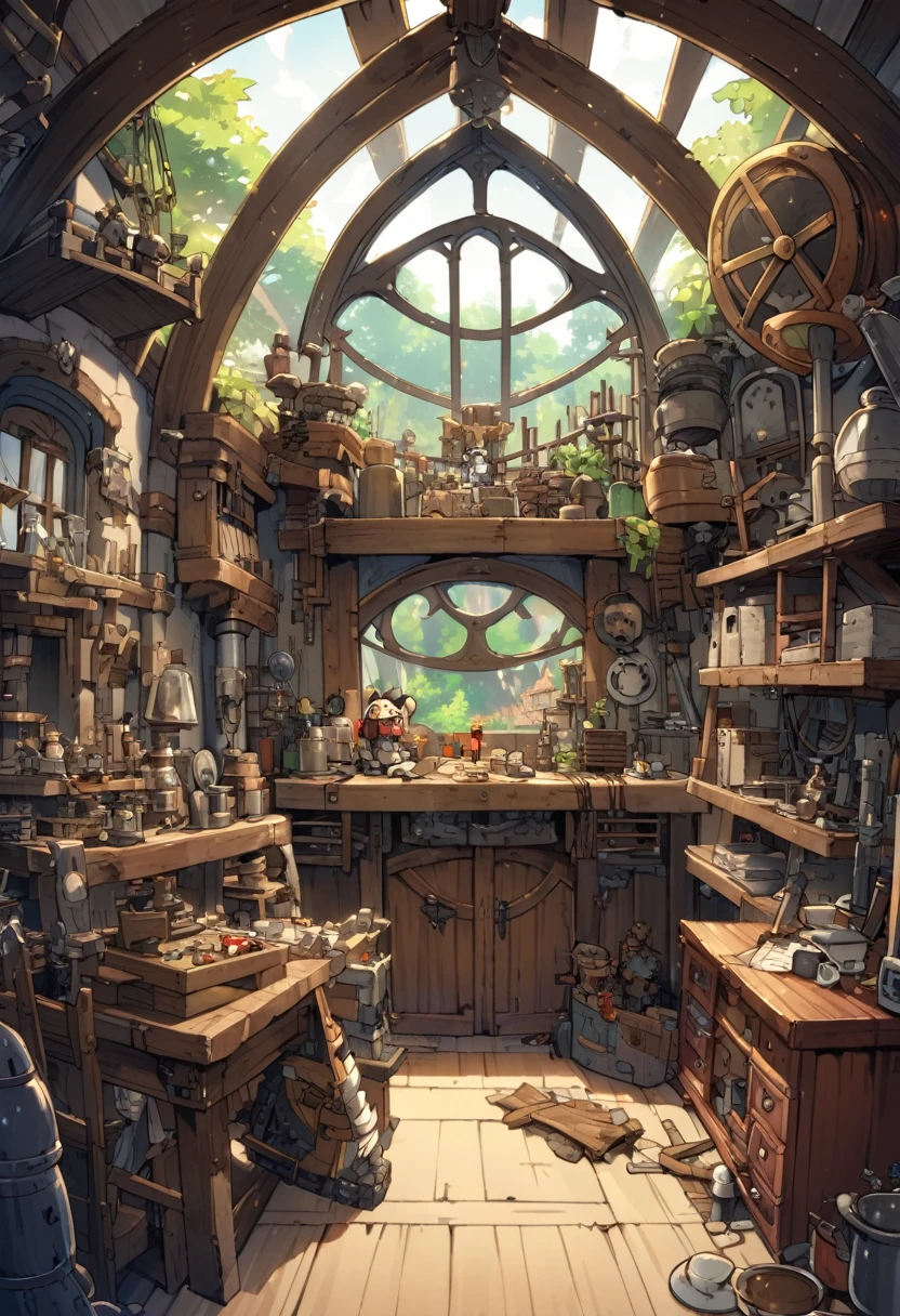 The inside of a carpenter's doll laboratory, medieval fantasy, studio ghibli style