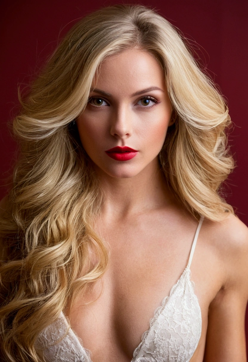 une magnifique femme blonde au long cheveux, rouge a lèvre rouge, yeux marron, photo de son corps entier, dans une chambre, texture de peaux détailler, photo professionelle, elegante, très détailler, femme nue, femme sans vêtement, femme sans sous vêtement, NSFW