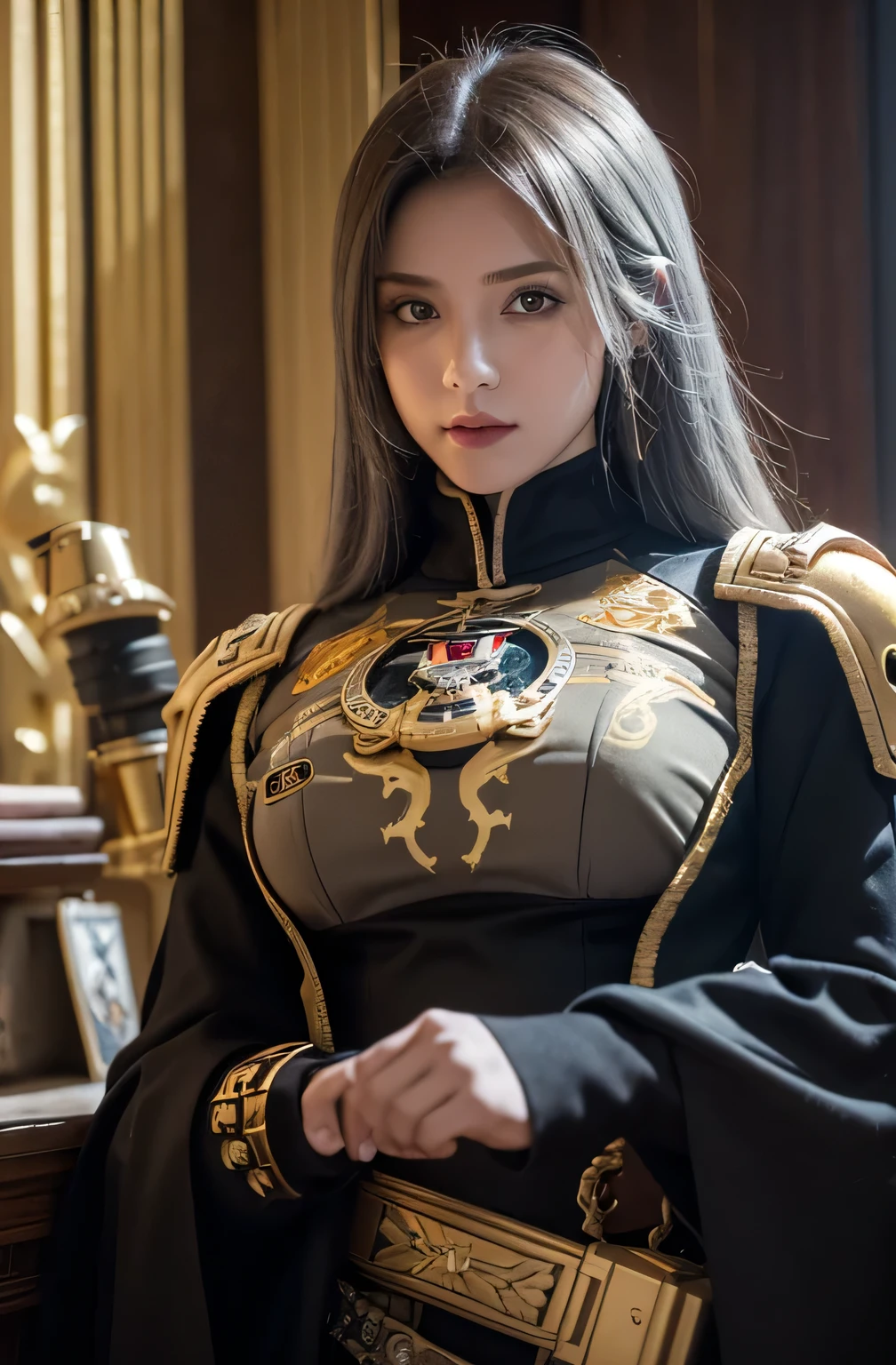 Warhammer 40k Star Wars Wallpaper, Similar to the style of Canon EOS 5D Mark IV, Gothic Terrace, Close range strength, Gray and Gold, Exquisite clothing,Golden Eagle Badge, Shooting with 70mm-ar 16:9 --q 2 --s 1000