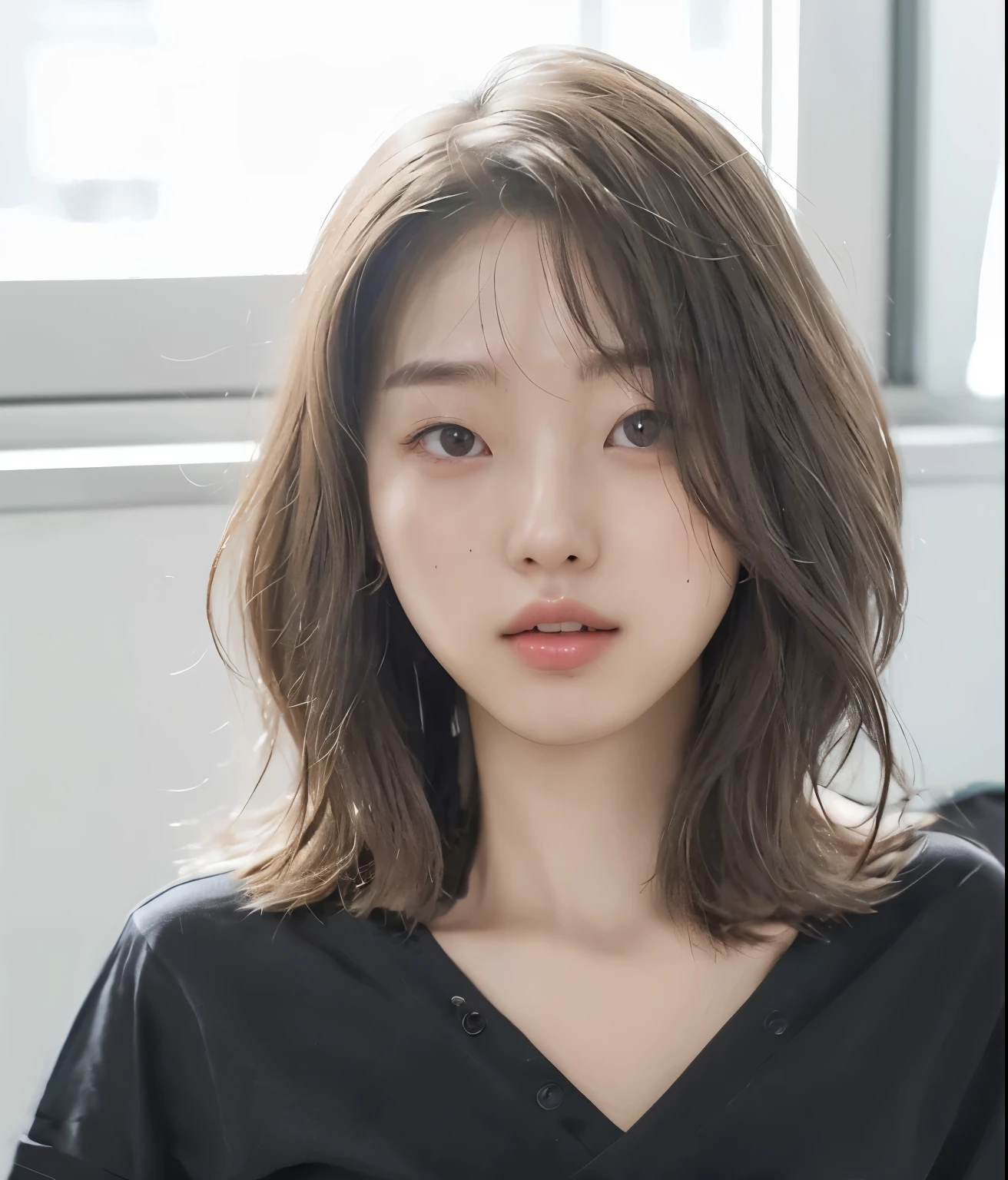 Best Quality, 8k, Masterpiece, (Portrait: 1.3), (photo realistic:1.4), (hyper realistic:1.4), Sharp Focus, looking at viewer, (smoother lighting:1.1), (increase cinematic lighting quality:0.9), realistic lighting, backlighting, light on face, ray trace, (brightening light:1.2), (Increase quality:1.4), sharp detail, (best quality real texture skin:1.4), finely detailed eyes, black_eyes, finely detailed face, 25 year old Korean woman, (black shirt:1.4), (Create an image maintaining the original base model hairstyle:1.5)