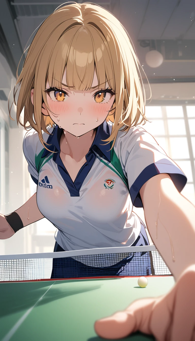 (1 girl),(Best Picture Quality, 8K, Masterpiece:1.3), (Middle school students:1.5), ((yellow beige lob hair:1.1)), (bob cut),(blunt bangs:1.3), (cute eyes, pupil black, iris orange, youthful face),(standard weight), (small breasts), (glistening skin:1.2),(pale skin:1.2),(serious:1.4),(sweat:1.1),BREAK,((play table tennis:1.2)), ((table tennis racket:1.3)), (table tennis uniform),(sweat:1.1), ((pov:1.3)).