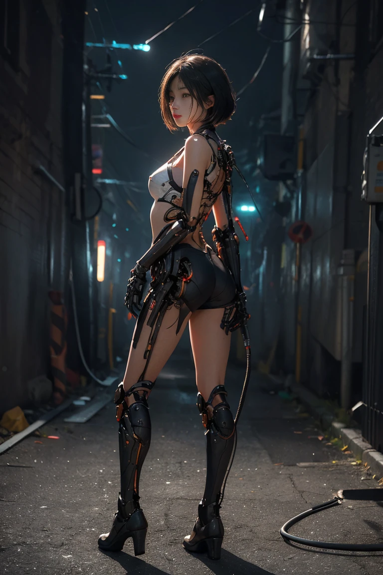 In 8K. HDR.hyper realism、master piece 1.2、wlop1、cinematic、Detailed content、Live photo 1.2, Highest quality 1.2、 Super detailed、very detailed、perfect shading、Low angle full body shot 1.2、1 photo、Commercial photo 1.2、50mm 、film grain 、The skin on my face broke、The exoskeleton underneath is exposed. mechanical joint: 1.2, mechanical limbs, blood vessels connected to tubes, mechanical vertebrae attached to the back, Mechanical cervical connection to the neck, No expression, wires and cables attached to the neck: 1.2, Head wires and cables: 1.2, focus on character, SF,white skin、small breasts、black hair、short bob