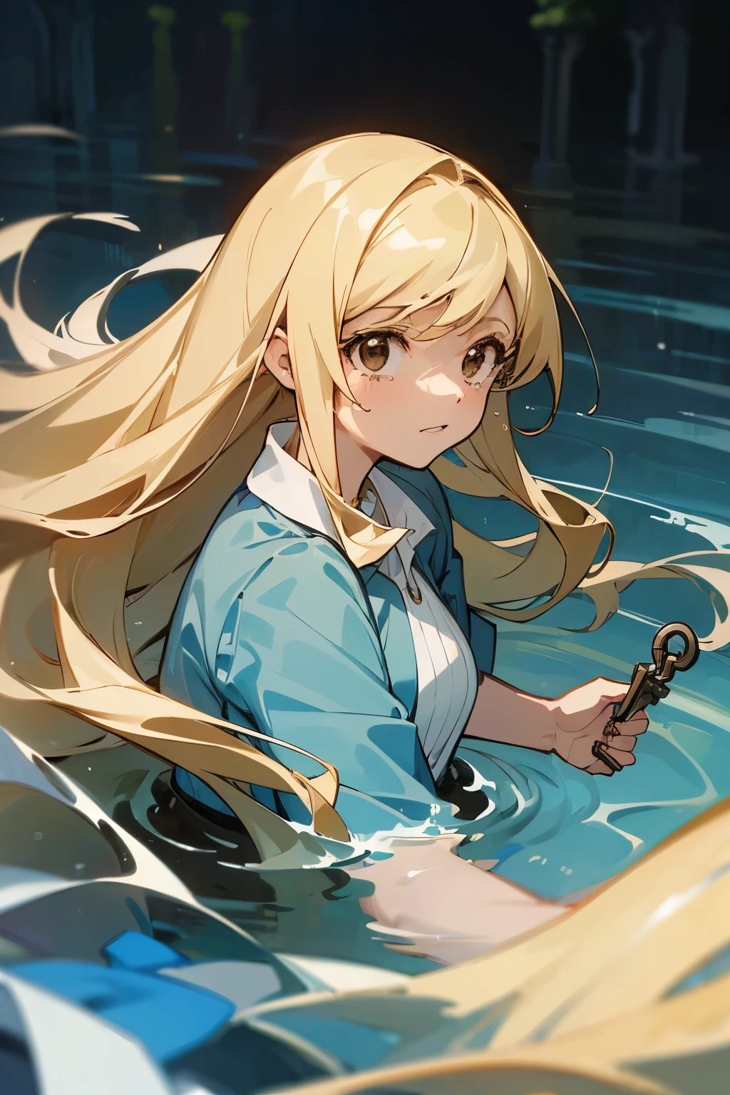 ((Better Quality)), ((Artwork)), (be familiar with), Facing forward、Cry、Insert the key、Crying, I stick my keys in the water、完璧なface、face、masterpiece, Highest quality, High resolution, Drifters, Blonde Hair, Brown eyes, Long Hair,  Blue Shirt, No sleeve,, She is water