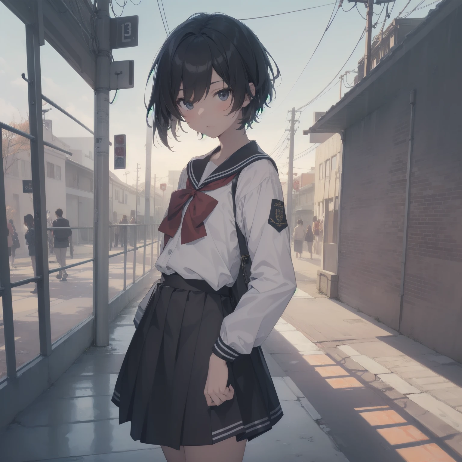 ultra-absurdres-Top quality by artist God, ultra-detailed, high resolution, anime moe artstyle, best anime 8k konachan wallpaper, pixiv contest winner, pool:2810, perfect anatomy,break, 1girl, (Please draw a girl walking sleepily to school alone. )break,(Solo,little female, 13-year-old:1.3),Full limbs, complete fingers,a junior high school student, (very short hair), short cut, flat chest, , small butt, small black eyes, beautiful detailed eyes, well-proportioned iris and pupils, expressive eyes, highres detailed hair, soft expression, salor school_uniform, sailor collar, serahuku, bow, pleated skirt,(Detailed Lighting), (Detailed background), in the School commute route. break,super detailed skin, Best cinematic lighting powered by famous artist, 8k,beauty illustration,photoshop_(medium),very aesthetic,break,((artist:haruhisky )), artist:clamp ,artist:carnelian ,artist:kantoku ,