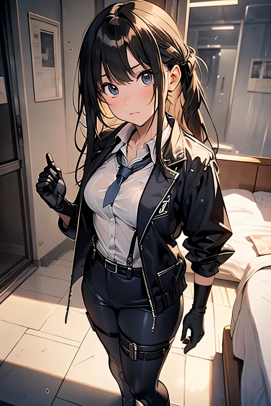1 female, , high quality, masterpiece, Ultra-high resolution, , Cinema Lighting, , , And the suspenders with the cranes flying　　　Large Breasts　 　 　　　　Small face　 　　　holster　　　　　　　 Lying in bed　Looking up　　　　Sweat 　　　belt　summer　脇Sweat 　Black Hole Gloves　suit　shirt　　Black jacket　 Black trousers　Leg Links　ズボンにbelt　　holster　 　　Hands behind your back　 Anxious expression　Looking up　Anxious face, legs apart　Armament　Handgun　handcuffs　Cable ties　レッグholster　holster　See-through clothing　heavy rain　Getting wet in the rain
