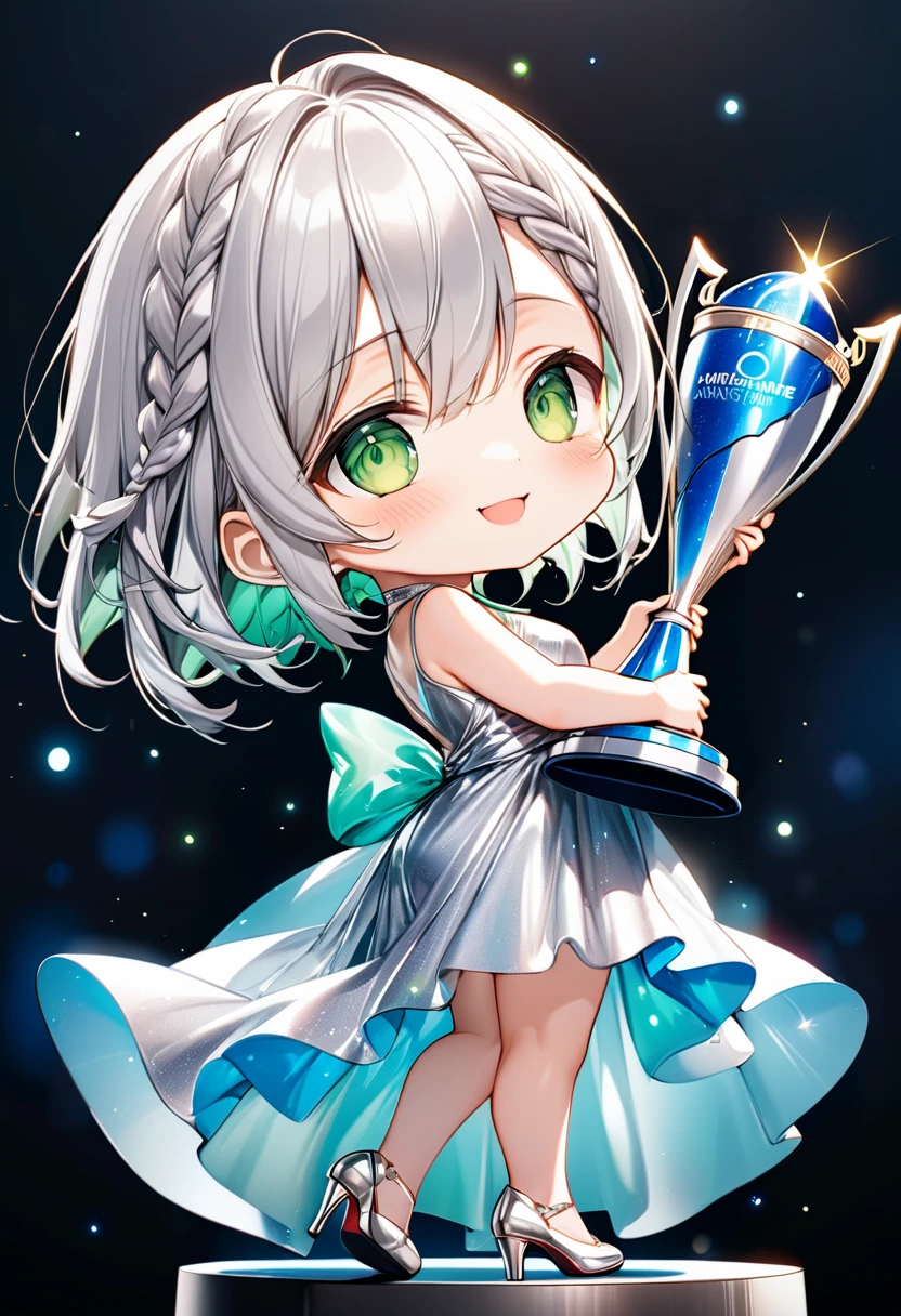 Highest quality, High resolution, Detailed Background, Beautiful face in every detail, Anatomically correct, Detailed facial expressions, fine grain, ((full body:1.2, from below, side view)), ((One Girl, Chibi Girl:1.2)), Award-Winner, silver Hair, beautiful clear big green eyes, Braided Bob, break Sleeveless super shiny tight dress, high heel, Background is the award ceremony venue, A large audience applauded), (Very big smile), ((winner's pose with a big trophy:1.3))
