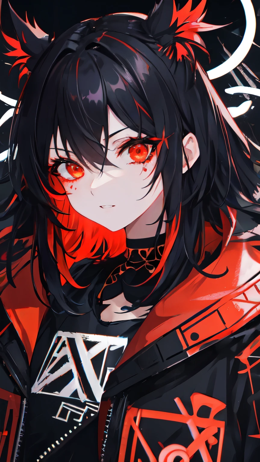 Highest quality, Intricate details, chromatic aberration,
1 girl, Wide range, Black fur, Messy Hair, Red reflection, Hair above one eye, Red eyes, Sharp eyes,
choker, Neon Shirt, Torn leg clothes, Open jacket,
Against the wall, Brick wall, graffiti, Shineing grafiti, Shineing tattoos, Shine, Neon Light,
Black light,