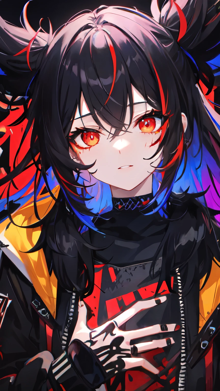 Highest quality, Intricate details, chromatic aberration, 

1 girl, Wide range, Black fur, Messy Hair, Red reflection, Hair above one eye, Red eyes, Sharp eyes, 

choker, Neon Shirt, Torn leg clothes, Open jacket, 

Against the wall, Brick wall, graffiti, Shineing grafiti, Shineing tattoos, Shine, Neon Light, 


Black light,  
