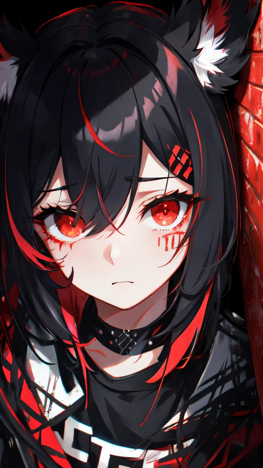 Highest quality, Intricate details, chromatic aberration,
1 girl, Wide range, Black fur, Messy Hair, Red reflection, Hair above one eye, Red eyes, Sharp eyes,
choker, Neon Shirt, Torn leg clothes, Open jacket,
Against the wall, Brick wall, graffiti, Shineing grafiti, Shineing tattoos, Shine, Neon Light,
Black light,