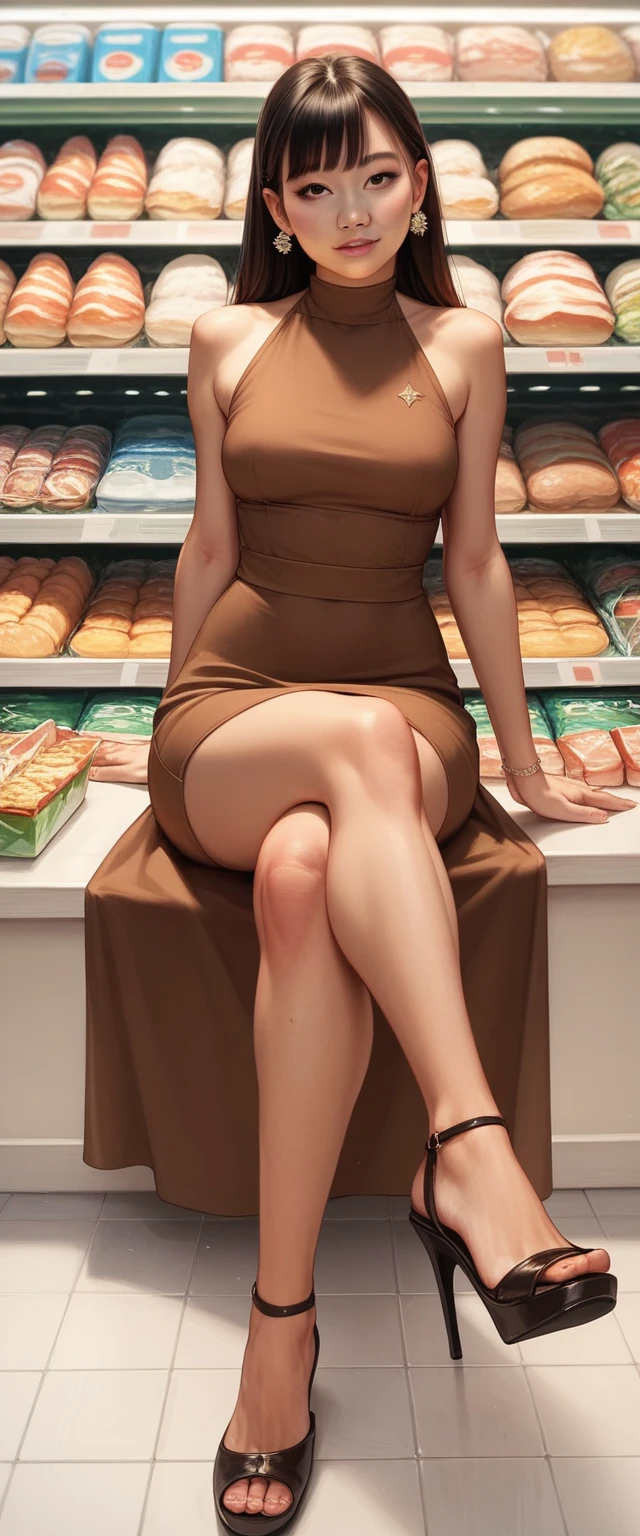 Woman sitting, crossed legs, brown dress, asian arab mixed face, fastfood store,