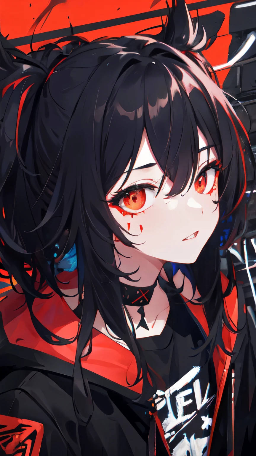Highest quality, Intricate details, chromatic aberration,
1 girl, Wide range, Black fur, Messy Hair, Red reflection, Hair above one eye, Red eyes, Sharp eyes,
choker, Neon Shirt, Torn leg clothes, Open jacket,
Against the wall, Brick wall, graffiti, Shineing grafiti, Shineing tattoos, Shine, Neon Light,
Black light,