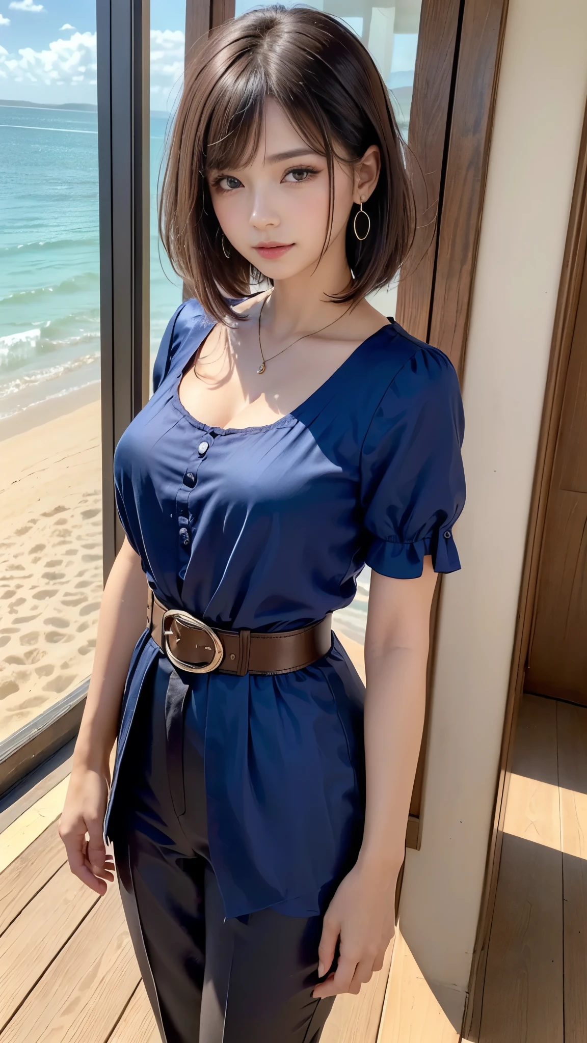 ((A luxury inn with beautiful ocean and beach views:1.3))、((Square neck:1.7、Short sleeve puff sleeve blouse:1.5、Navy blue silk blouse:1.2)、Wide silk trousers:1.3、Elegant belt)、(G cup size breasts:1.2、Cleavage)、(14 year old beautiful girl:1.2、Baby Face:1.6、Idol Face)、Japanese Idols、Slender body line、、Beautiful Skin、(Tight waist:1.4)、Small beautiful butt、(Smooth and beautiful straight hair、Part your bangs to reveal your forehead、Side bangs、Brown Hair:1.3)、(Detailed hands:1.1、The right move:1.2)、(Detailed eyes and face:1.2、Professional photography techniques)、Highest quality、Highest quality、Masterpiece、Ultra high definition、(Realistic:1.37)、(Gaze at the viewer:1.2、Captivating look:1.2)、(Beautiful eyes in every detail、Same brown eyes、double eyelid、mascara、eye shadow)、Lip gloss on lipoisturizing lips、Stylish pendant、Earrings、Correct Anatomy