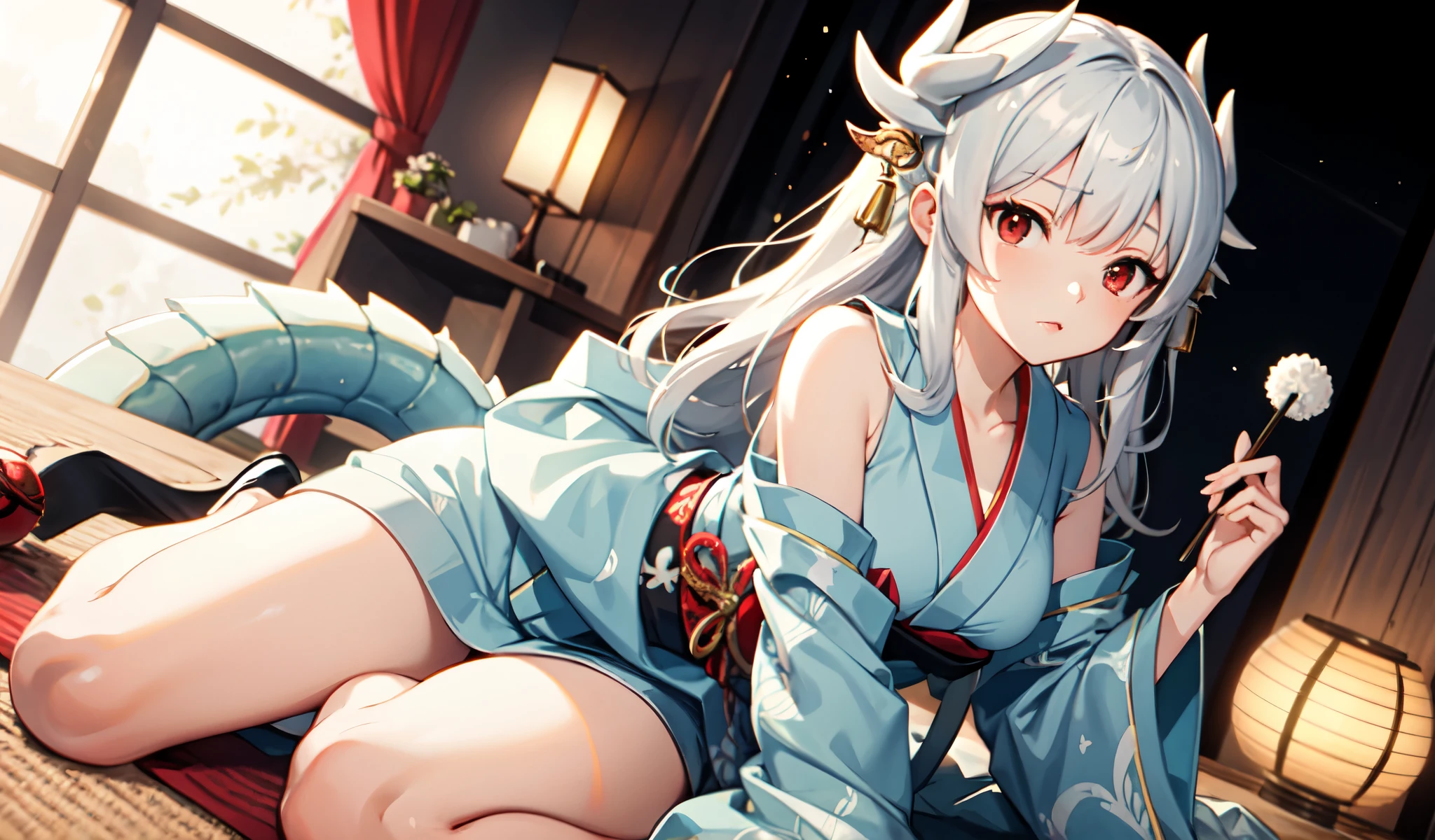 kiyohime, kiyohime, Gray Hair, Dragon Girl, dragon horn, horn,, (Red eyes:1.5),,Scruffy yukata,Beautiful thighs,wariza