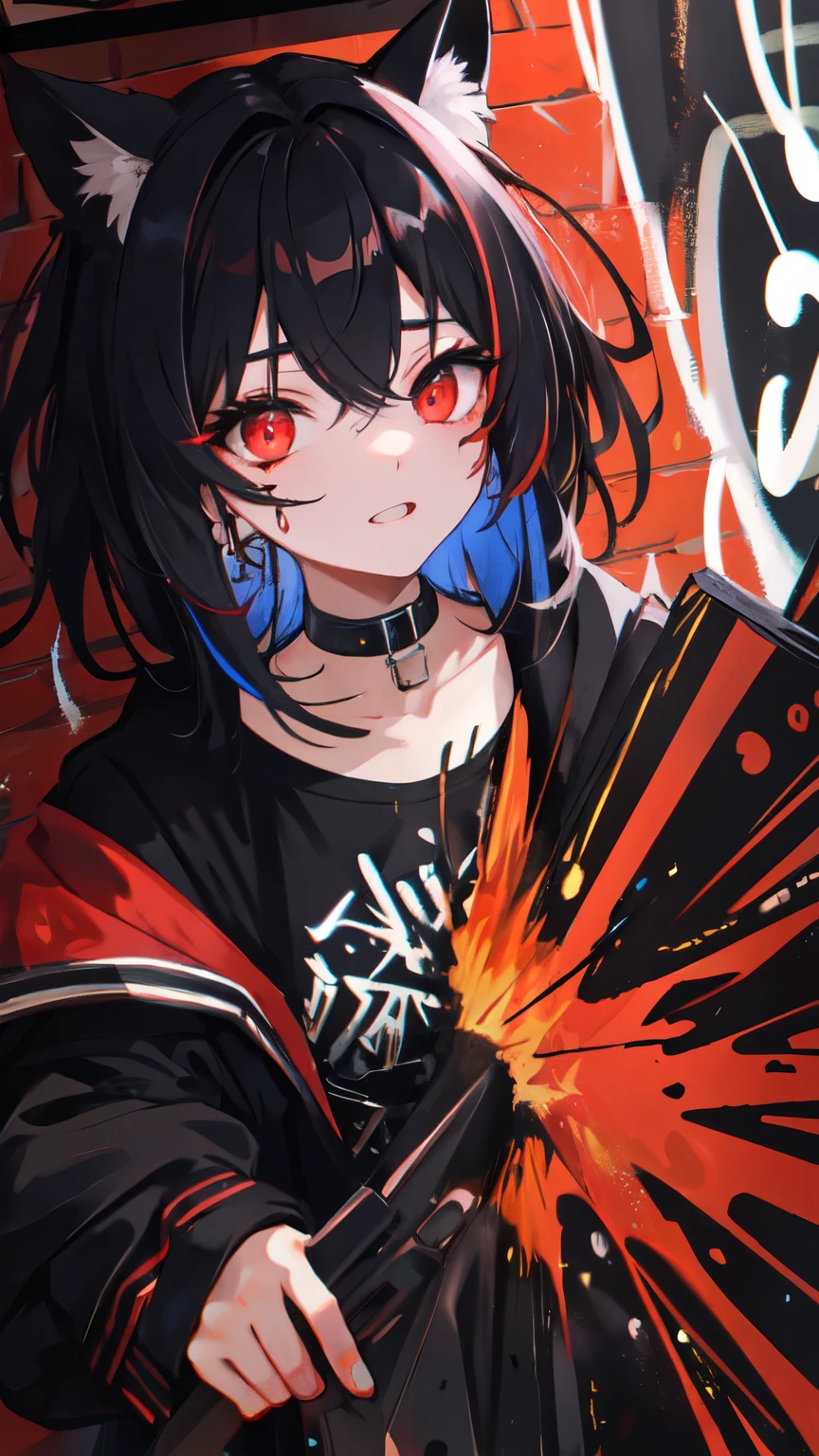 Highest quality, Intricate details, chromatic aberration, 

1 girl, Wide range, Black fur, Messy Hair, Red reflection, Hair above one eye, Red eyes, Sharp eyes, 

choker, Neon Shirt, Torn leg clothes, Open jacket, 

Against the wall, Brick wall, graffiti, Shineing grafiti, Shineing tattoos, Shine, Neon Light, 


Black light,  