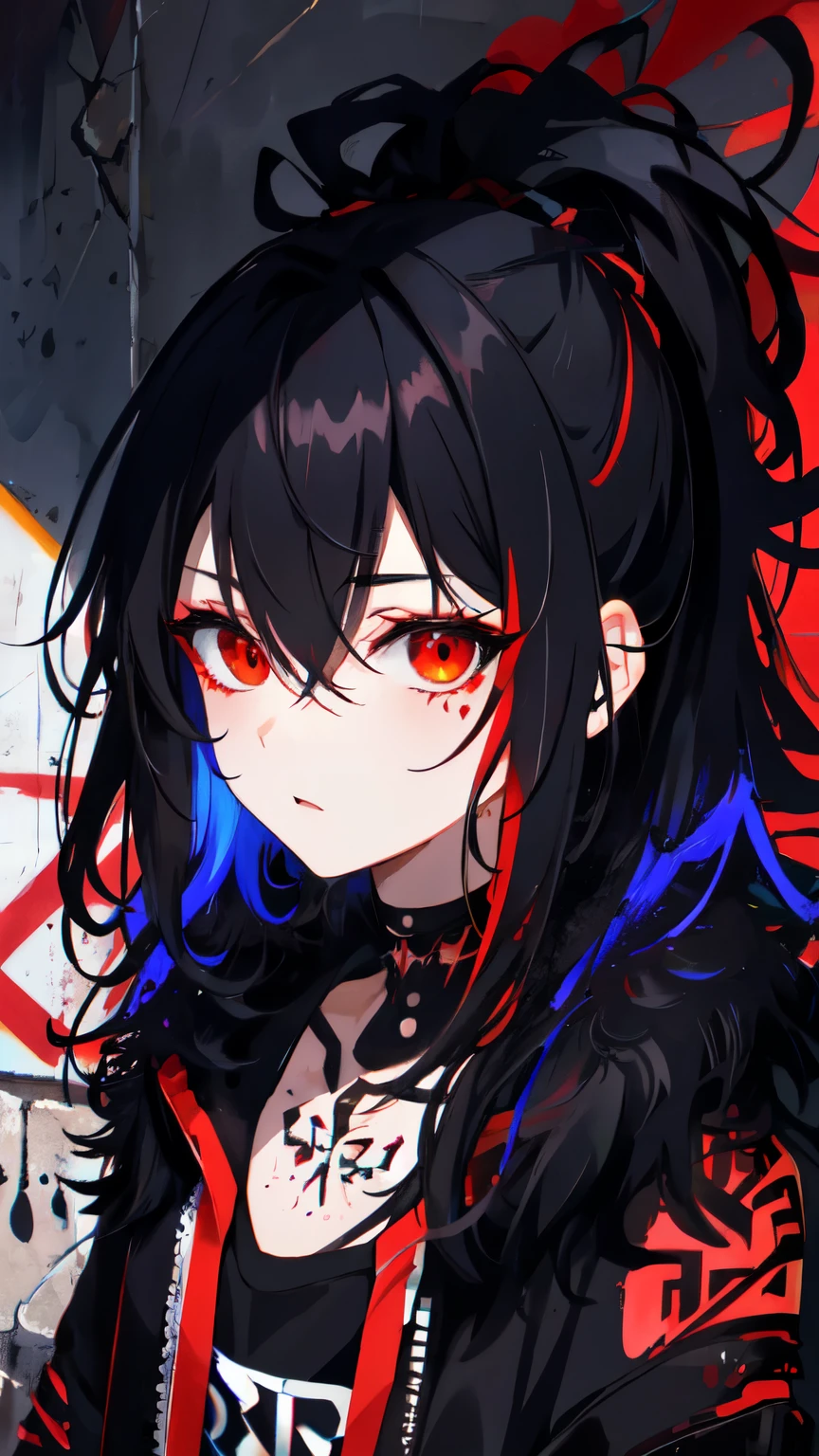 Highest quality, Intricate details, chromatic aberration,
1 girl, Wide range, Black fur, Messy Hair, Red reflection, Hair above one eye, Red eyes, Sharp eyes,
choker, Neon Shirt, Torn leg clothes, Open jacket,
Against the wall, Brick wall, graffiti, Shineing grafiti, Shineing tattoos, Shine, Neon Light,
Black light,