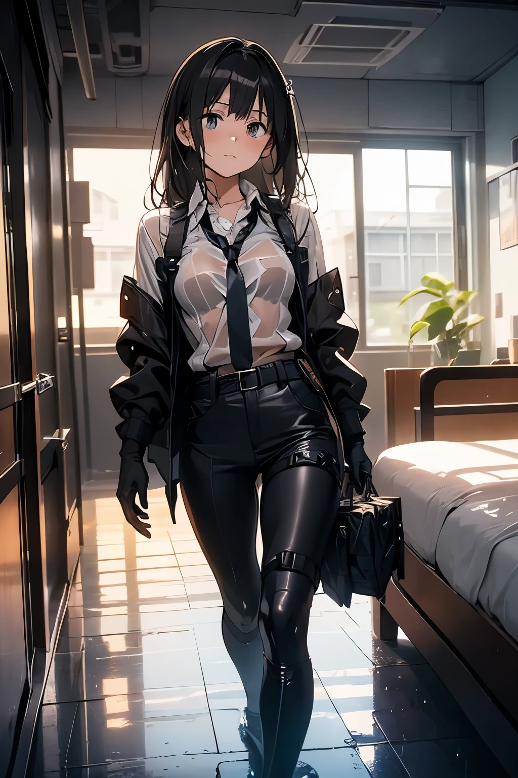 1 female, , high quality, masterpiece, Ultra-high resolution, , Cinema Lighting, , , And the suspenders with the cranes flying　　　Large Breasts　 　 　　　　Small face　 　　　holster　　　　　　　 Lying in bed　Looking up　　　　Sweat 　　　belt　summer　脇Sweat 　Black Hole Gloves　suit　shirt　　Black jacket　 Black trousers　Leg Links　ズボンにbelt　　holster　 　　Hands behind your back　 Anxious expression　Looking up　Anxious face, legs apart　Armament　Handgun　handcuffs　Cable ties　レッグholster　holster　See-through clothing　heavy rain　Getting wet in the rain