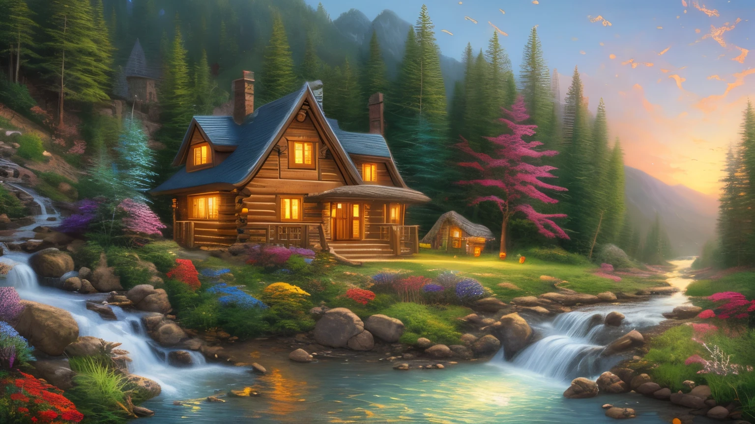 painting of a cabin in a mountain stream with a waterfall, children play around cabin, 4 k oil painting, beautiful oil matte painting, oil painting 4 k, oil painting 4k, cottage in the forest, beautiful oil painting on canvas, beautiful digital painting, smooth oil painting, beautiful art uhd 4 k, 8 k hd detailed oil painting, oil digital painting, Inspired by Thomas Kinkade.
