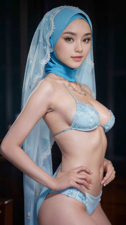 Too realistic, beautiful, หน้าตาcute, Russian Lolita girl, 18 years old, (wear hijab), Seethru sexy light blue lace bikini, open breast, Breast removed, bare, tits, small round breast, Luxury necklace, white skin, dark city background, Medium shot, full body, Perfect portraits, เอฟเฟกต์Bokeh, Look at the viewer., armpit, perfect eyes, perfect hand, perfect finger, bracelet, ring, (small breast), ((cute:1.2)), ((Masterpiece:1.1)), ((Bokeh:1.2)), (dynamic seductive pose), seductive smile, Flirtatious eyes