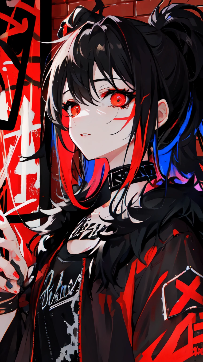 Highest quality, Intricate details, chromatic aberration, 

1 girl, Wide range, Black fur, Messy Hair, Red reflection, Hair above one eye, Red eyes, Sharp eyes, 

choker, Neon Shirt, Torn leg clothes, Open jacket, 

Against the wall, Brick wall, graffiti, Shineing grafiti, Shineing tattoos, Shine, Neon Light, 


Black light,  