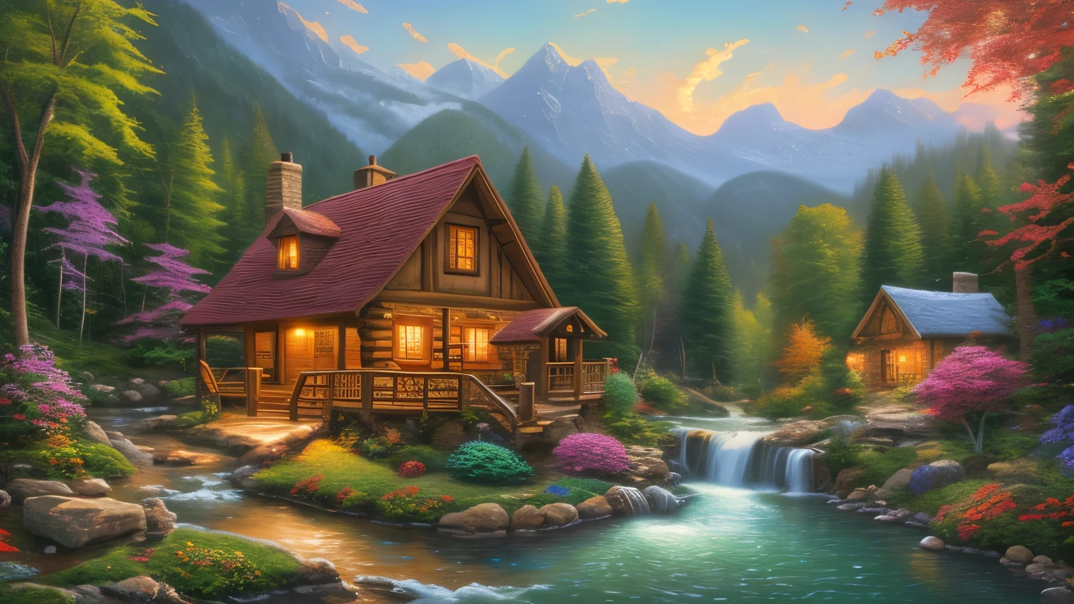 painting of a cabin in a mountain stream with a waterfall, children play around cabin, 4 k oil painting, beautiful oil matte painting, oil painting 4 k, oil painting 4k, cottage in the forest, beautiful oil painting on canvas, beautiful digital painting, smooth oil painting, beautiful art uhd 4 k, 8 k hd detailed oil painting, oil digital painting, Inspired by Thomas Kinkade.