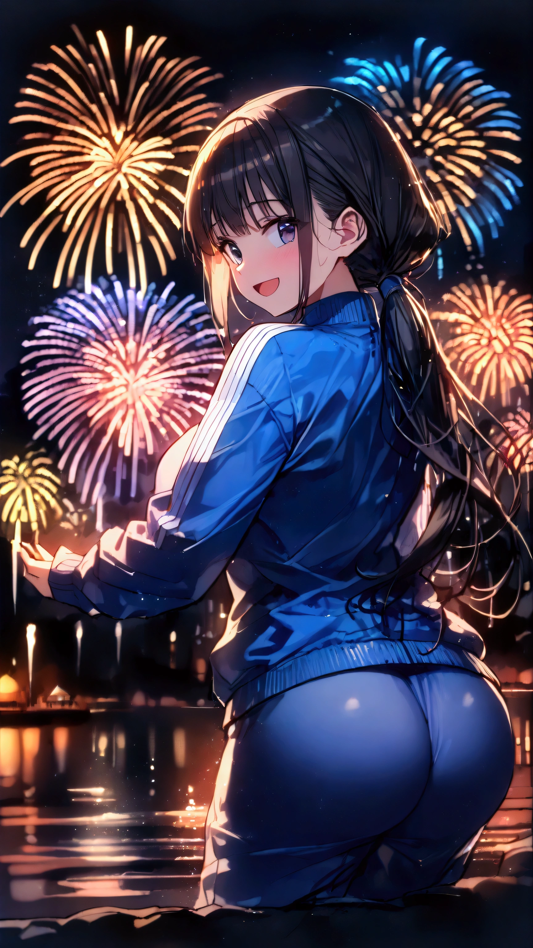 masterpiece, Highest quality, Ultra-high resolution, (beautiful girl: 1.3), Low ponytail、Black Hair、Looks about 15 years old、 (Blue sweatpants: 1.3), (Blue Track Jacket: 1.3), Rear View、big, Round and shapely ass、night、Riverbank、Look at the beautiful shape of her butt, Very big and round,(((Background fireworks))),smile、Open your mouth wide and scream