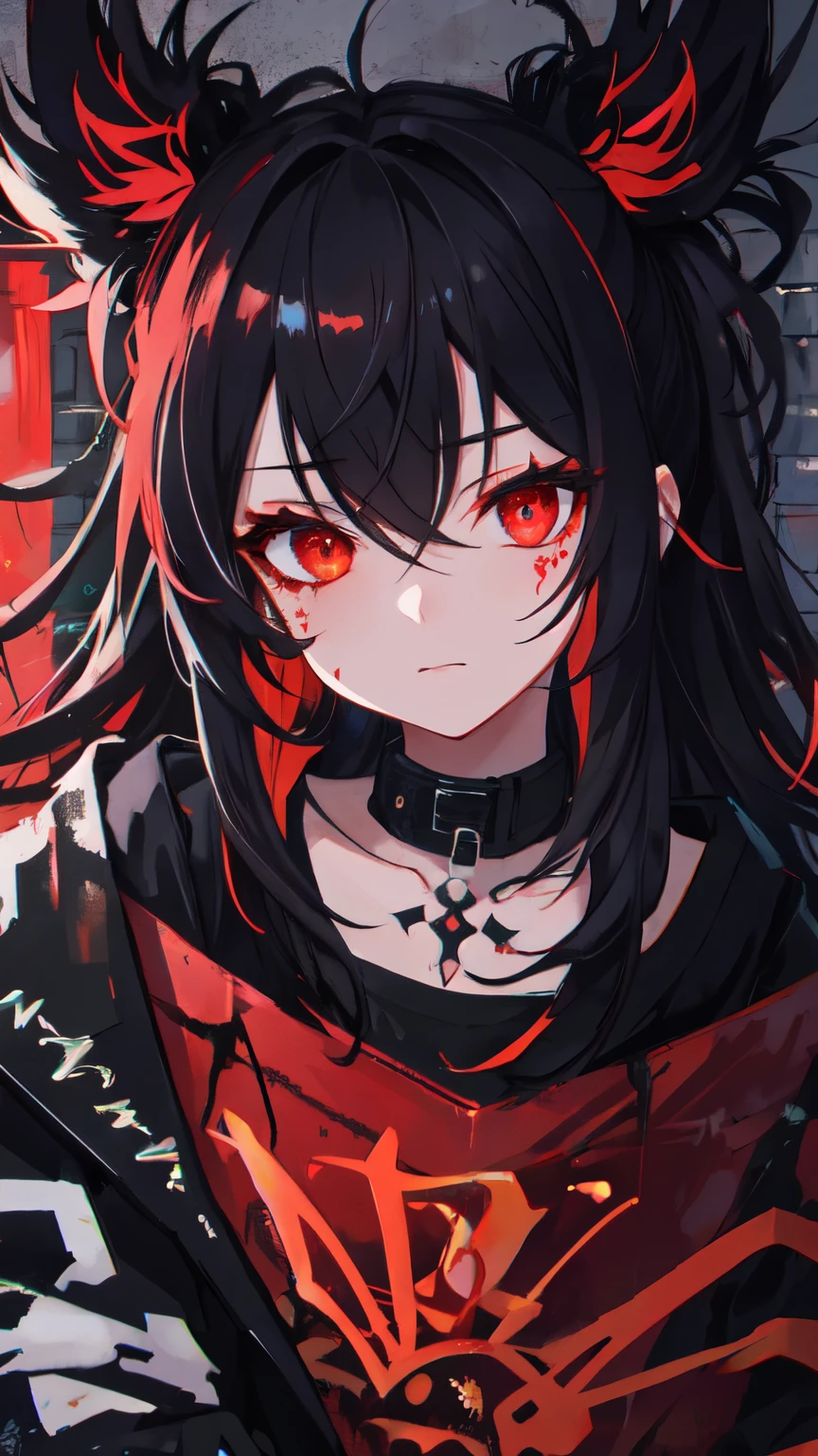 Highest quality, Intricate details, chromatic aberration,
1 girl, Wide range, Black fur, Messy Hair, Red reflection, Hair above one eye, Red eyes, Sharp eyes,
choker, Neon Shirt, Torn leg clothes, Open jacket,
Against the wall, Brick wall, graffiti, Shineing grafiti, Shineing tattoos, Shine, Neon Light,
Black light,