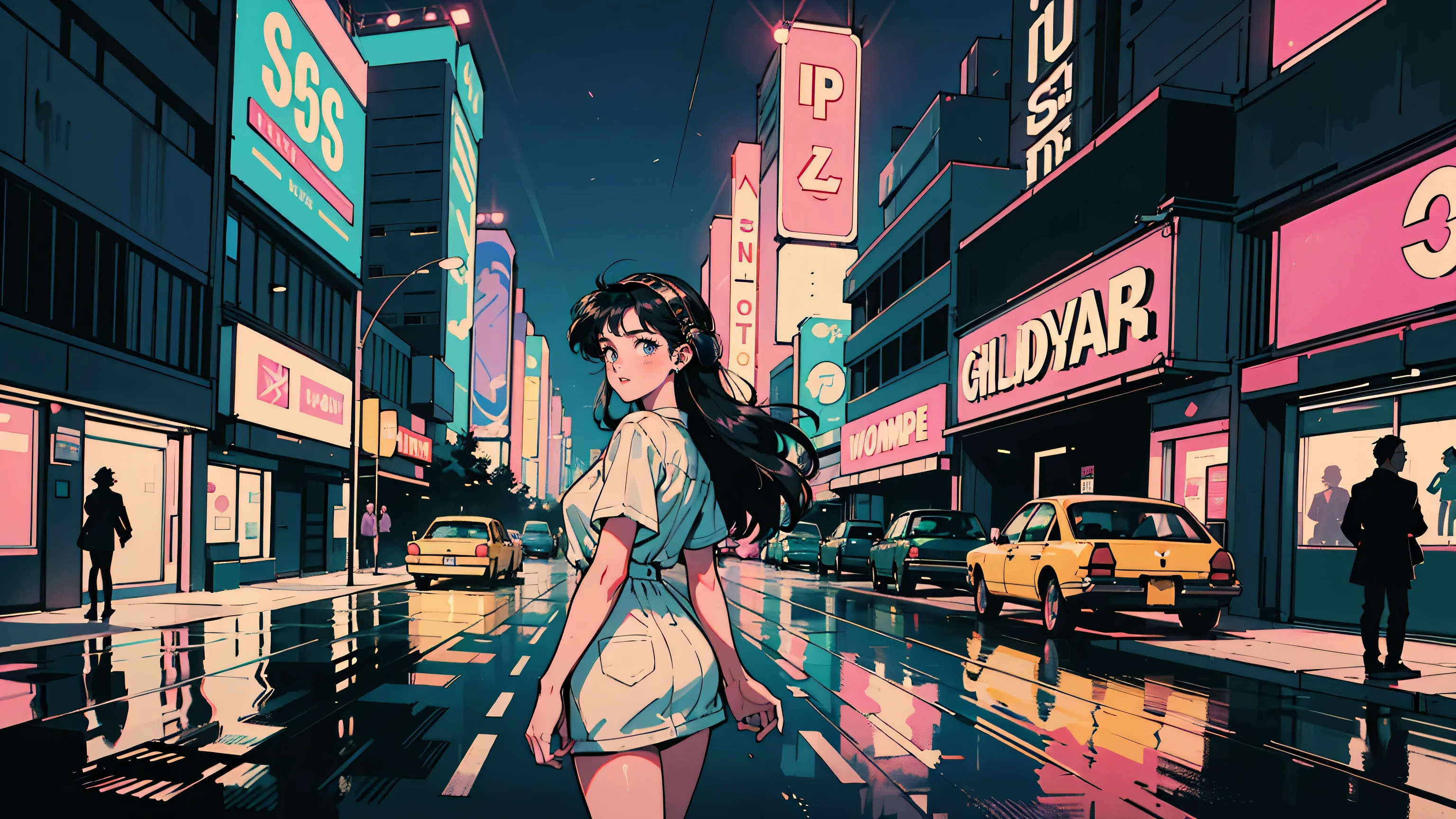 A vibrant 1980s neon-lit street at night, awash in a spectrum of colors. A 21-year-old girl with long hair and prominent headphones stands on the sidewalk, her white outfit a stark contrast to the kaleidoscopic surroundings. She's looking back at the viewer, silhouetted against a backdrop of multicolored neon signs, glowing billboards, and shimmering reflections on wet pavement. Vintage cars line the street, their metallic surfaces catching and distorting the myriad of lights. Purple, blue, and pink hues dominate the sky, while golden and green neons illuminate storefronts. The scene captures a nostalgic, synthwave aesthetic, pulsing with retro charm and urban energy.