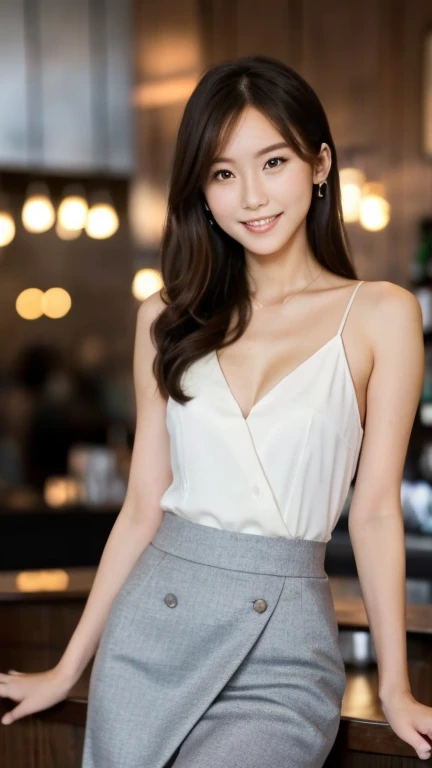 A superb exquisite real beautiful girl, semi-long hair, extremely exquisite facial features, peerless beautiful girl, formal suit, navy sheath dress, slender, small breasts, exposed thighs, long slit skirt, sweet shy smile with teeth, soft, dreamy quality, light white and dark brown, exaggerated facial features, solid color, frank off-white, surreal, ultra-clear, beautiful, cute and lively, background at the bar counter,