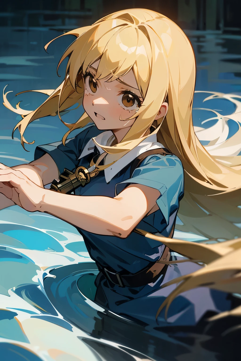 ((Better Quality)), ((Artwork)), (be familiar with), Facing forward、Cry、Insert the key、Crying, I stick my keys in the water、完璧なface、face、masterpiece, Highest quality, High resolution, Drifters, Blonde Hair, Brown eyes, Long Hair,  Blue Shirt, No sleeve,, She is water