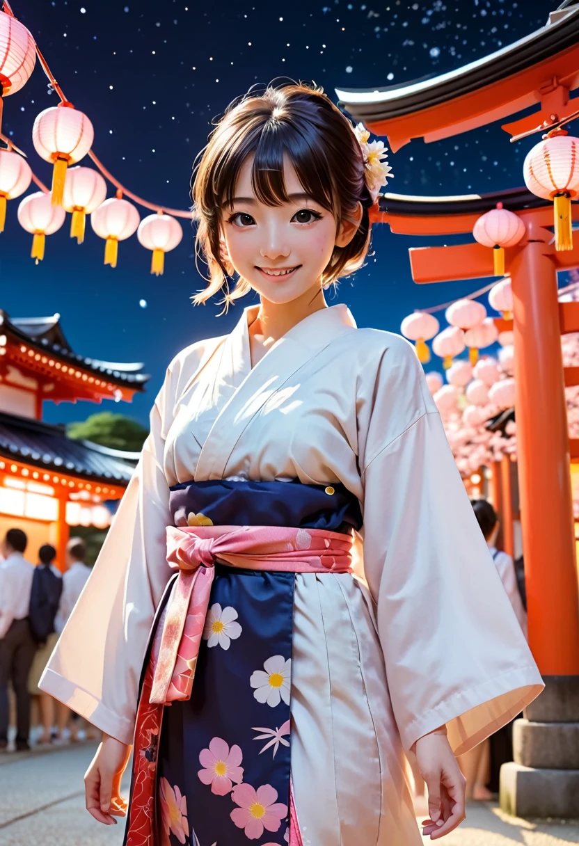 Anime style, first-person view, Japanese summer festival at night, beautiful anime girl in yukata smiling gently, holding hands, lantern-lit shrine grounds, torii gate and main hall in background, other yukata-clad visitors, colorful food stalls, starry night sky, warm glowing lighting, high detail, soft cel shading, depth of field, dynamic composition, vibrant colors, Ghibli-inspired background art, shoujo manga aesthetic, sparkles and lens flares, flowing fabric details on yukata, expressive anime eyes, blushing cheeks