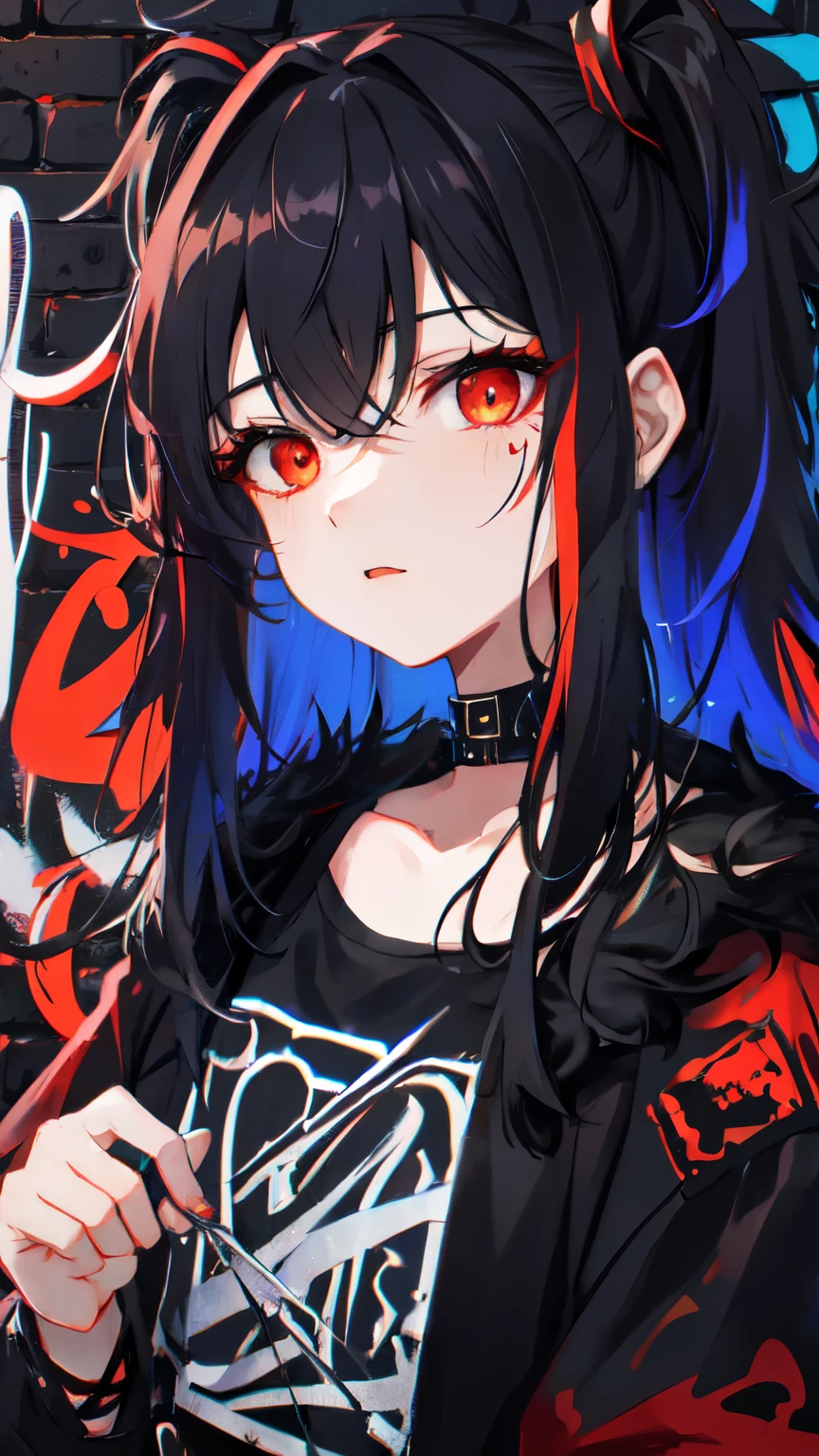 Highest quality, Intricate details, chromatic aberration, 

1 girl, Wide range, Black fur, Messy Hair, Red reflection, Hair above one eye, Red eyes, Sharp eyes, 

choker, Neon Shirt, Torn leg clothes, Open jacket, 

Against the wall, Brick wall, graffiti, Shineing grafiti, Shineing tattoos, Shine, Neon Light, 


Black light,  