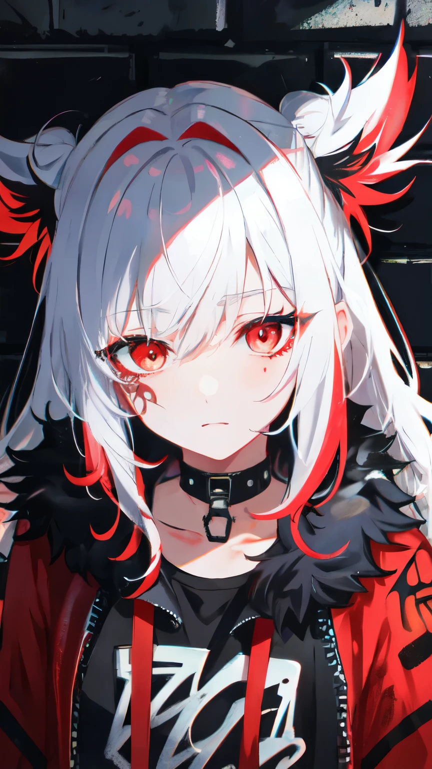 Highest quality, Intricate details, chromatic aberration,
1 girl, Wide range, Black fur, Messy Hair, Red reflection, Hair above one eye, Red eyes, Sharp eyes,
choker, Neon Shirt, Torn leg clothes, Open jacket,
Against the wall, Brick wall, graffiti, Shineing grafiti, Shineing tattoos, Shine, Neon Light,
Black light,