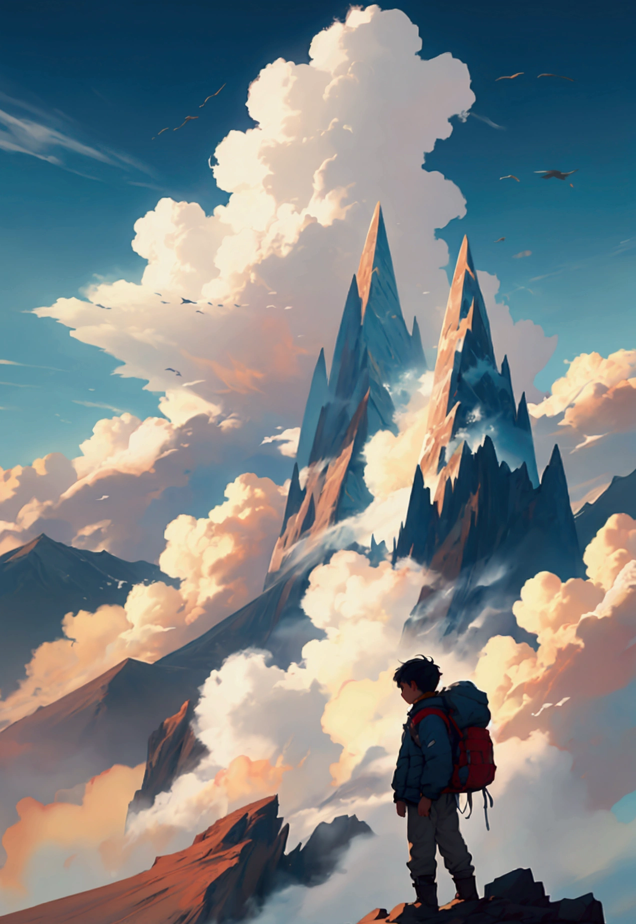 create an image with a mountain high above the clouds and a boy looking down