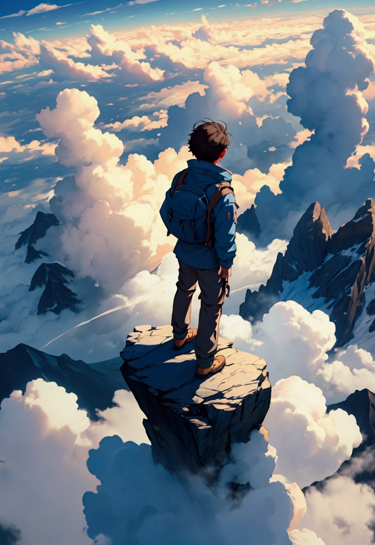 create an image with a mountain high above the clouds and a boy looking down