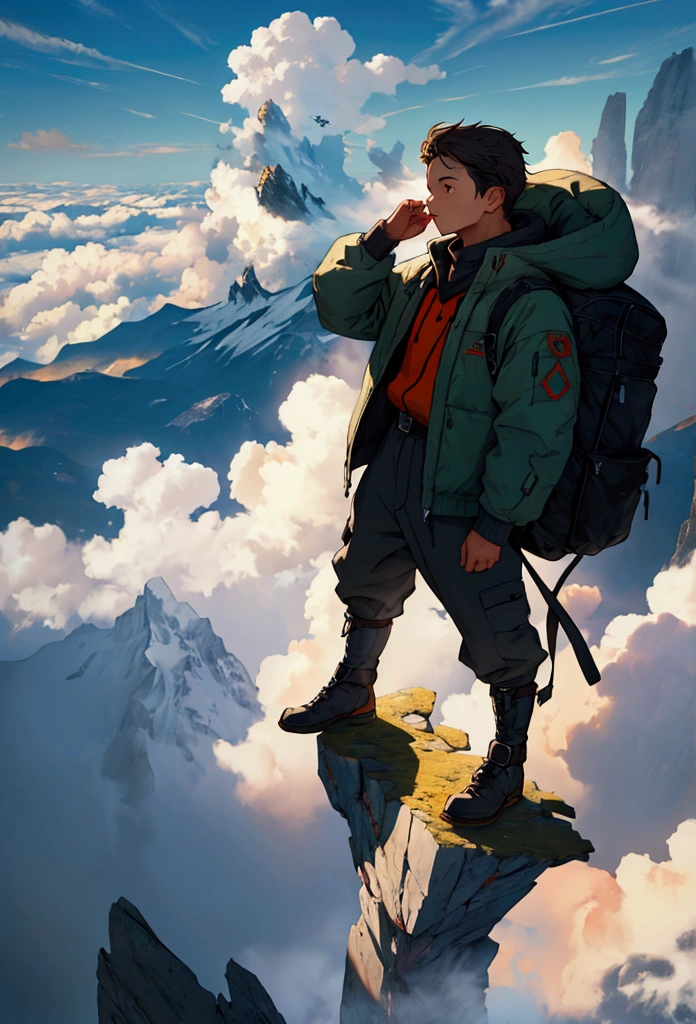 create an image with a mountain high above the clouds and a boy looking down